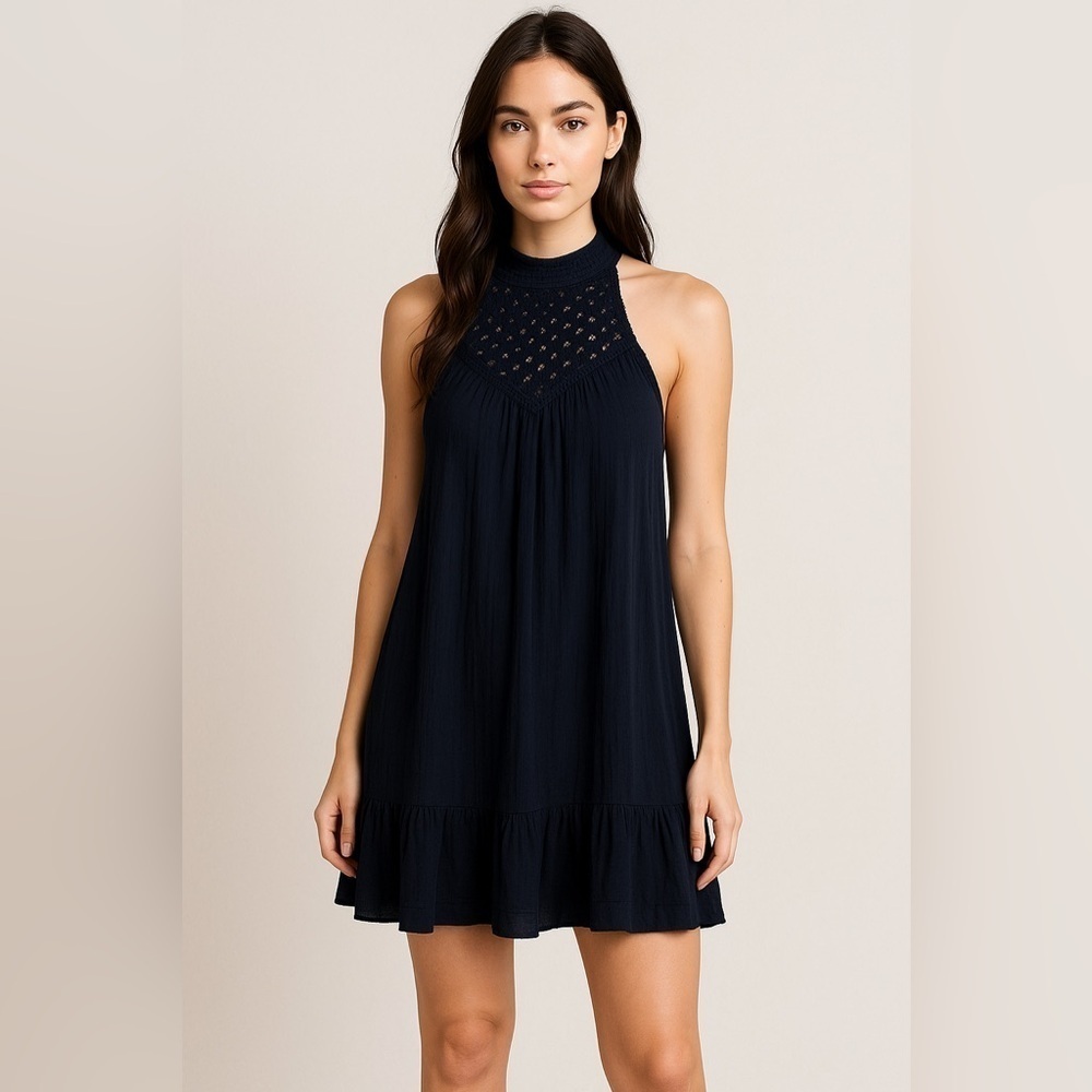 Band Of Gypsies Navy Halter Crochet Crepe Gauze Mini Dress Women’s S Boho